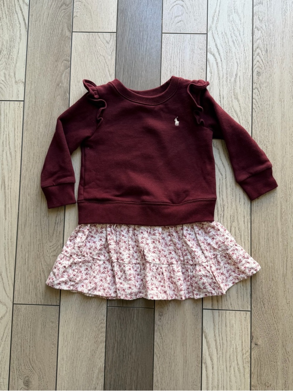 Ralph Lauren Burgundy Ruffle Sweatshirt Dress with Floral Skirt size 2
